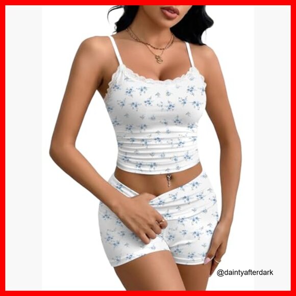 Sexy Pajama Set 2 Piece Lace Trim Cami Crop Tops and Ruched Shorts - Picture 2 of 7